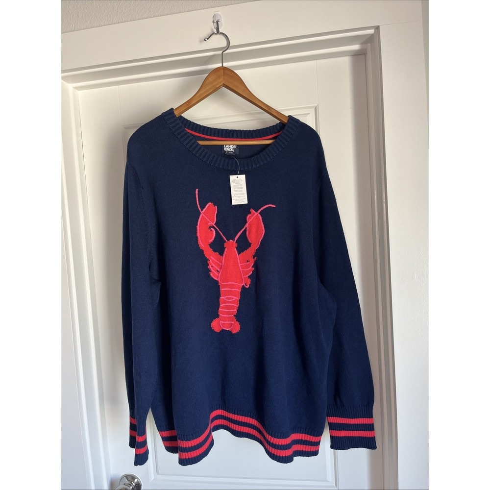 Lands' End Drifter Blue Pink Lobster Crewneck Cotton Knit Sweater Women 3X New